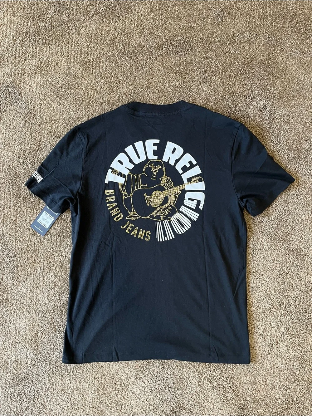 True Religion Fast Buddha SS Tee XL Jet Black Gold Rhinestone Graphic NWT